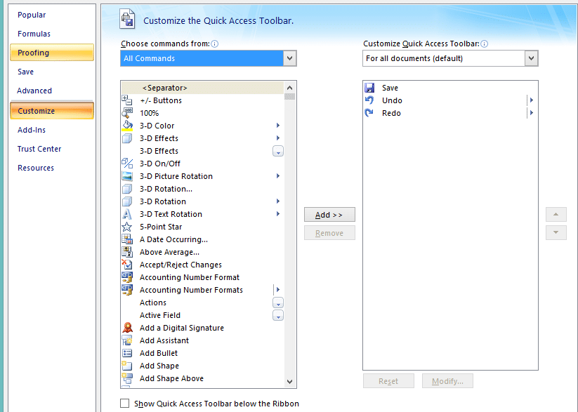all commands dropdown