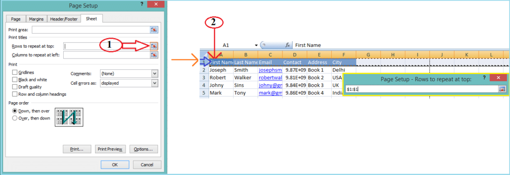 select the first row to print title horizontally on top of every page